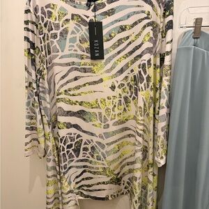 Kozan Abstract Zebra-Print Long Sleeve Top - White/Citrus/Gray NWT  M, L Turkey